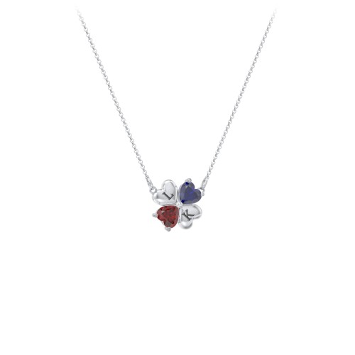 Lucky Clover Hearts And Gemstones Necklace – Sterling Silver with Blue Sapphire and Garnet