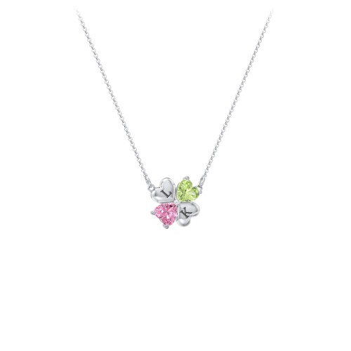 Lucky Clover Hearts And Gemstones Necklace – Sterling Silver with Peridot and Pink Tourmaline