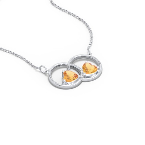 Interlocking Rings Pendant with Heart Gemstones – Sterling Silver with Citrine