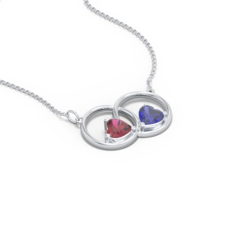 Interlocking Rings Pendant with Heart Gemstones – Sterling Silver with Ruby and Blue Sapphire