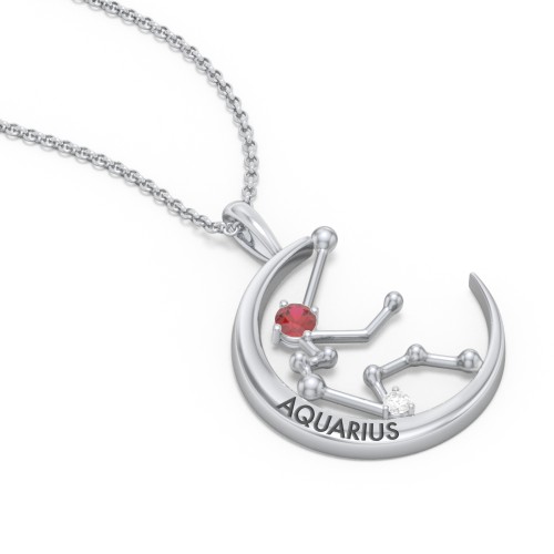 Engravable Aquarius Constellation Necklace With Gemstone – Sterling Silver with Garnet and White Premium Zirconia