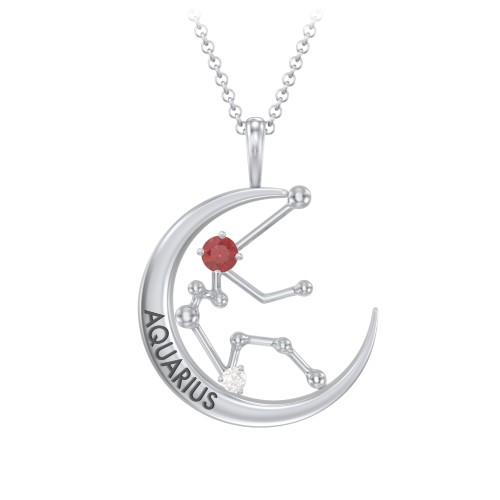 Engravable Aquarius Constellation Necklace With Gemstone – Sterling Silver with Garnet and White Premium Zirconia