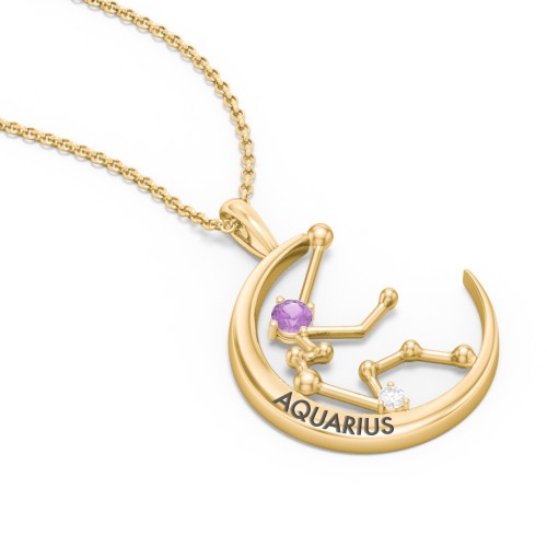Engravable Aquarius Constellation Necklace With Gemstone – 18K Gold Plated Silver with Amethyst and White Premium Zirconia