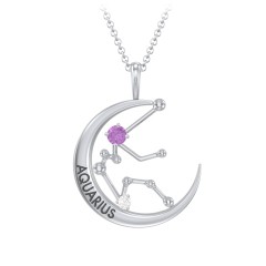 Engravable Aquarius Constellation Necklace With Gemstone – Sterling Silver with Amethyst and White Premium Zirconia