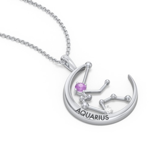 Engravable Aquarius Constellation Necklace With Gemstone – Sterling Silver with Amethyst and White Premium Zirconia
