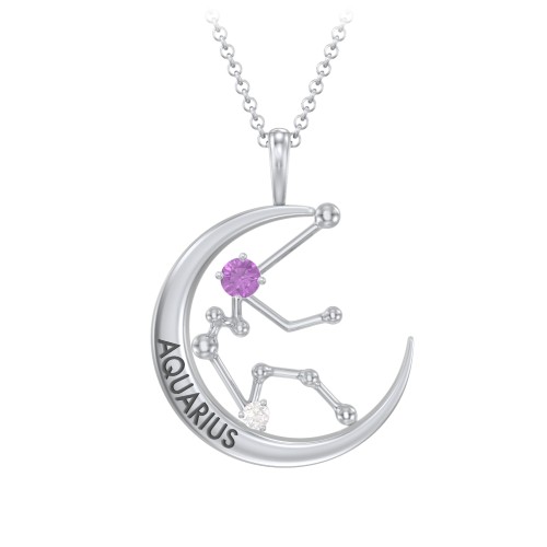 Engravable Aquarius Constellation Necklace With Gemstone – Sterling Silver with Amethyst and White Premium Zirconia