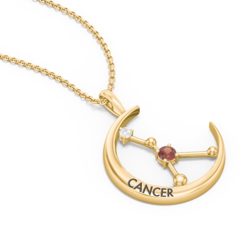 Engravable Cancer Constellation Necklace With Gemstone – 18K Gold Plated Silver with Garnet and White Premium Zirconia