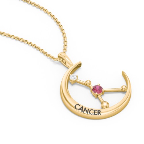 Engravable Cancer Constellation Necklace With Gemstone – 18K Gold Plated Silver with Ruby and White Premium Zirconia