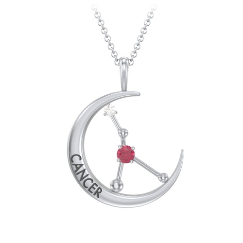 Engravable Cancer Constellation Necklace With Gemstone – Sterling Silver with Ruby and White Premium Zirconia