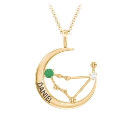 Engravable Capricorn Constellation Necklace With Gemstone in 18K Gold Plated Silver with Emerald and White Premium Zirconia