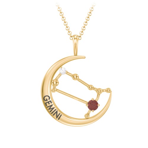Engravable Gemini Constellation Necklace With Gemstone – 18K Gold Plated Silver with Garnet and White Premium Zirconia