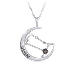 Engravable Gemini Constellation Necklace With Gemstone – Sterling Silver with Smokey Quartz and White Premium Zirconia