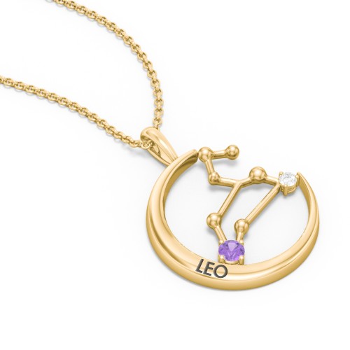 Engravable Leo Constellation Necklace With Gemstone – 18K Gold Plated Silver with Amethyst and White Premium Zirconia