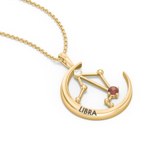 Engravable Libra Constellation Necklace With Gemstone – 18K Gold Plated Silver with Garnet and White Premium Zirconia