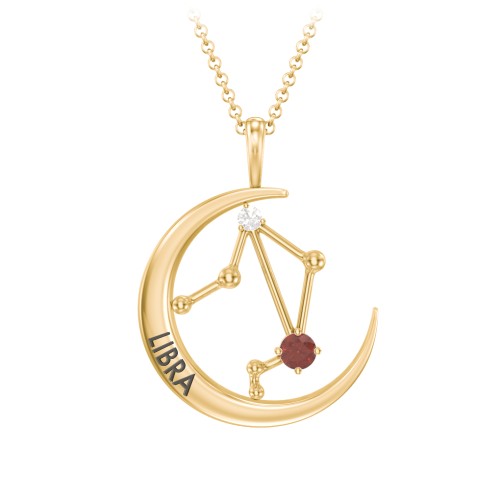 Engravable Libra Constellation Necklace With Gemstone – 18K Gold Plated Silver with Garnet and White Premium Zirconia