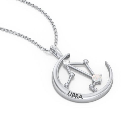 Engravable Libra Constellation Necklace With Gemstone – Sterling Silver with Opal and White Premium Zirconia