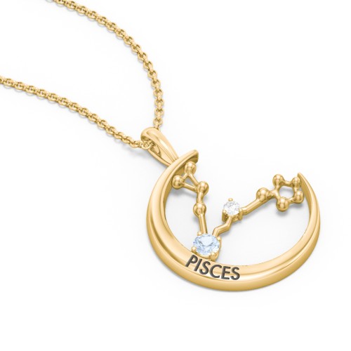 Engravable Pisces Constellation Necklace With Gemstone – 18K Gold Plated Silver with Aquamarine and White Premium Zirconia