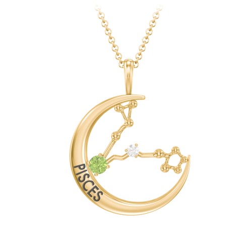 Engravable Pisces Constellation Necklace With Gemstone – 18K Gold Plated Silver with Peridot and White Premium Zirconia