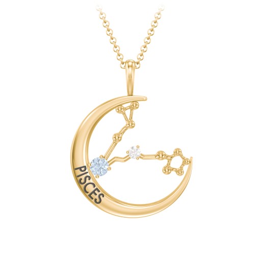 Engravable Pisces Constellation Necklace With Gemstone – 18K Gold Plated Silver with Aquamarine and White Premium Zirconia