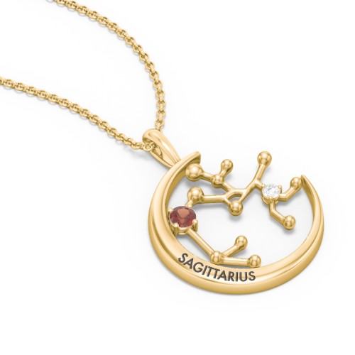 Engravable Sagittarius Constellation Necklace With Gemstone – 18K Gold Plated Silver with Garnet and White Premium Zirconia