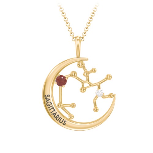 Engravable Sagittarius Constellation Necklace With Gemstone – 18K Gold Plated Silver with Garnet and White Premium Zirconia