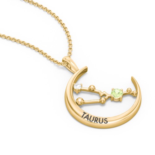Engravable Taurus Constellation Necklace With Gemstone – 18K Gold Plated Silver with Peridot and White Premium Zirconia