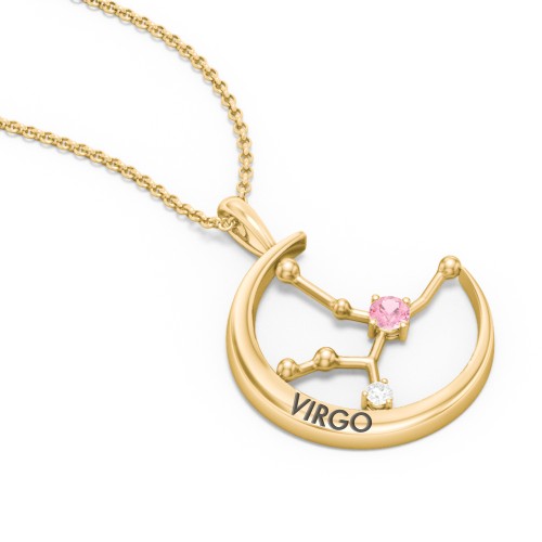 Engravable Virgo Constellation Necklace With Gemstone – 18K Gold Plated Silver with Pink Tourmaline and White Premium Zirconia