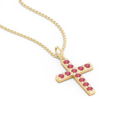 Medium Gemstone Cross Pendant – 18K Gold Plated Silver with Garnet