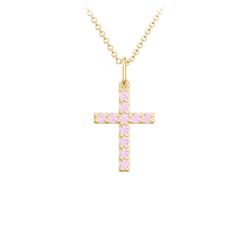 Small Gemstone Cross Pendant – 18K Gold Plated Silver with Pink Tourmaline