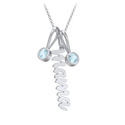 Script Mama Necklace with 2 Birthstone Charms in 925 Sterling Silver with Blue Topaz