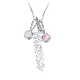 Script Mama Necklace with 2 Birthstone Charms in 925 Sterling Silver with Opal and Pink Tourmaline