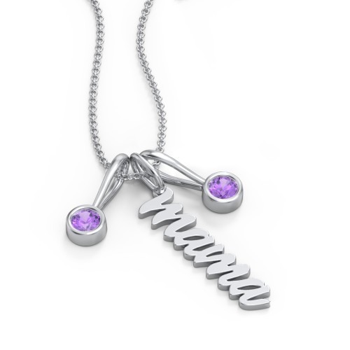 Script Mama Necklace with 2 Birthstone Charms – Sterling Silver with Amethyst