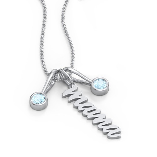 Script Mama Necklace with 2 Birthstone Charms – Sterling Silver with Blue Topaz