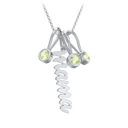 Script Mama Necklace with 3 Birthstone Charms in 925 Sterling Silver with Peridot
