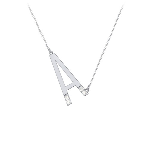 Asymmetrical Initial Necklace with Accent Stones - A – Sterling Silver with Cubic Zirconia