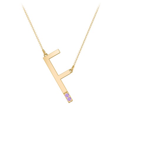 Asymmetrical Initial Necklace with Accent Stones - F – 18K Gold Plated Silver with Amethyst