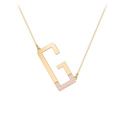 Asymmetrical Initial Necklace with Accent Stones - G in 18K Gold Plated Silver with Pink Tourmaline