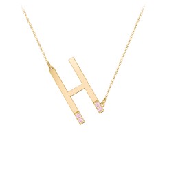 Asymmetrical Initial Necklace with Accent Stones - H in 18K Gold Plated Silver with Pink Tourmaline
