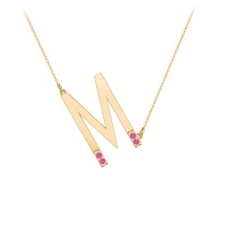 Asymmetrical Initial Necklace with Accent Stones - M in 18K Gold Plated Silver with Ruby