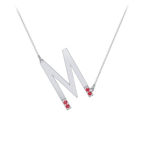 Asymmetrical Initial Necklace with Accent Stones - M – Sterling Silver with Garnet
