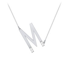 Asymmetrical Initial Necklace with Accent Stones - M – Sterling Silver with Cubic Zirconia