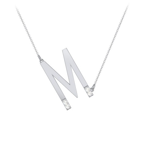 Asymmetrical Initial Necklace with Accent Stones - M – Sterling Silver with Cubic Zirconia