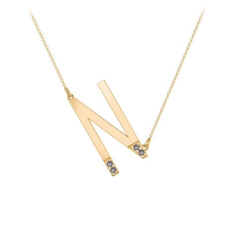 Asymmetrical Initial Necklace with Accent Stones - N – 18K Gold Plated Silver with Smokey Quartz