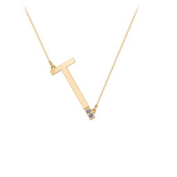 Asymmetrical Initial Necklace with Accent Stones - T in 18K Gold Plated Silver with Alexandrite