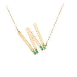 Asymmetrical Initial Necklace with Accent Stones - W in 18K Gold Plated Silver with Emerald