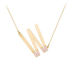 Asymmetrical Initial Necklace with Accent Stones - W in 18K Gold Plated Silver with Pink Tourmaline