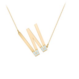 Asymmetrical Initial Necklace with Accent Stones - W in 18K Gold Plated Silver with Blue Topaz