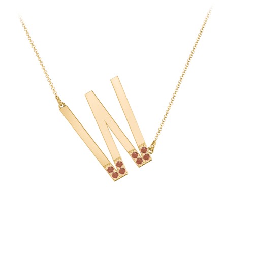 Asymmetrical Initial Necklace with Accent Stones - W – 18K Gold Plated Silver with Garnet