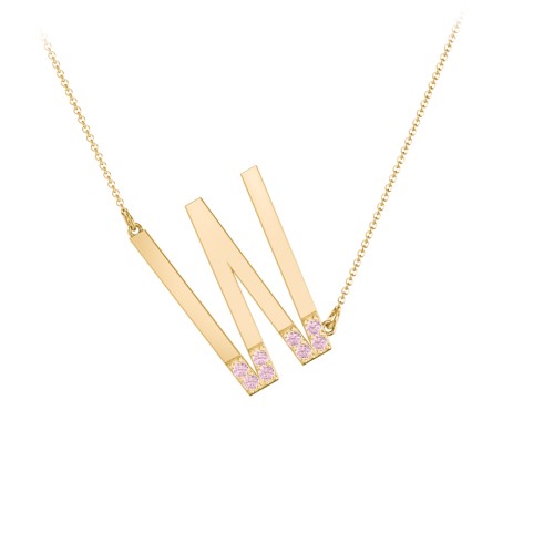 Asymmetrical Initial Necklace with Accent Stones - W – 18K Gold Plated Silver with Pink Tourmaline