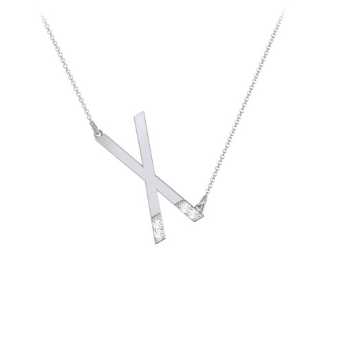 Asymmetrical Initial Necklace with Accent Stones - X